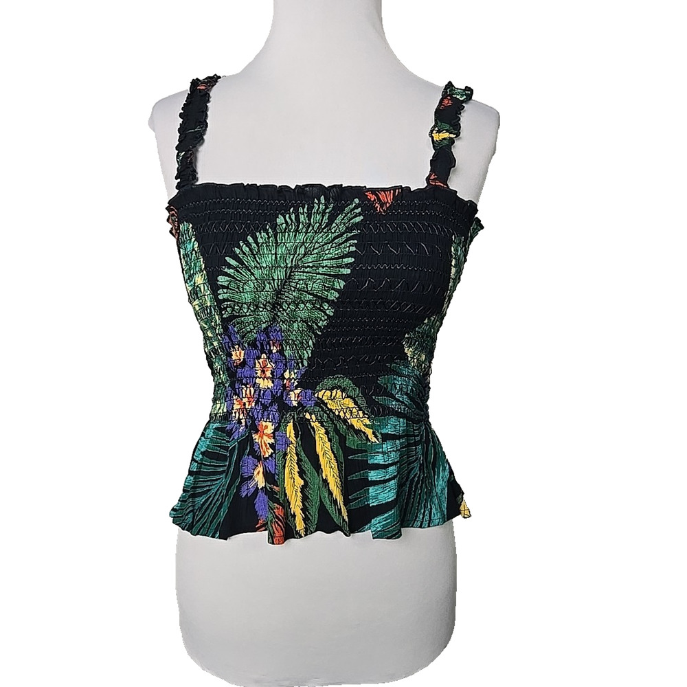 Patrons of Peace Smocked‎ Cropped Tank Top SMALL S NEW Tropical Print Gauze